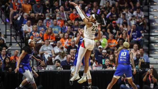 Las Vegas Aces forward A’ja Wilson takes a jump shot.
